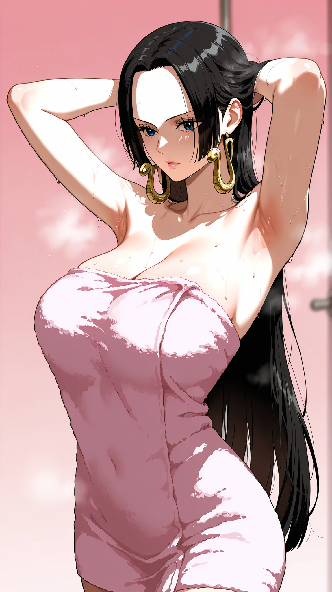 Japanese woman in her 20s with very large breasts wearing a bikini.
Please draw her in the style of 90's Japanese anime with colors.