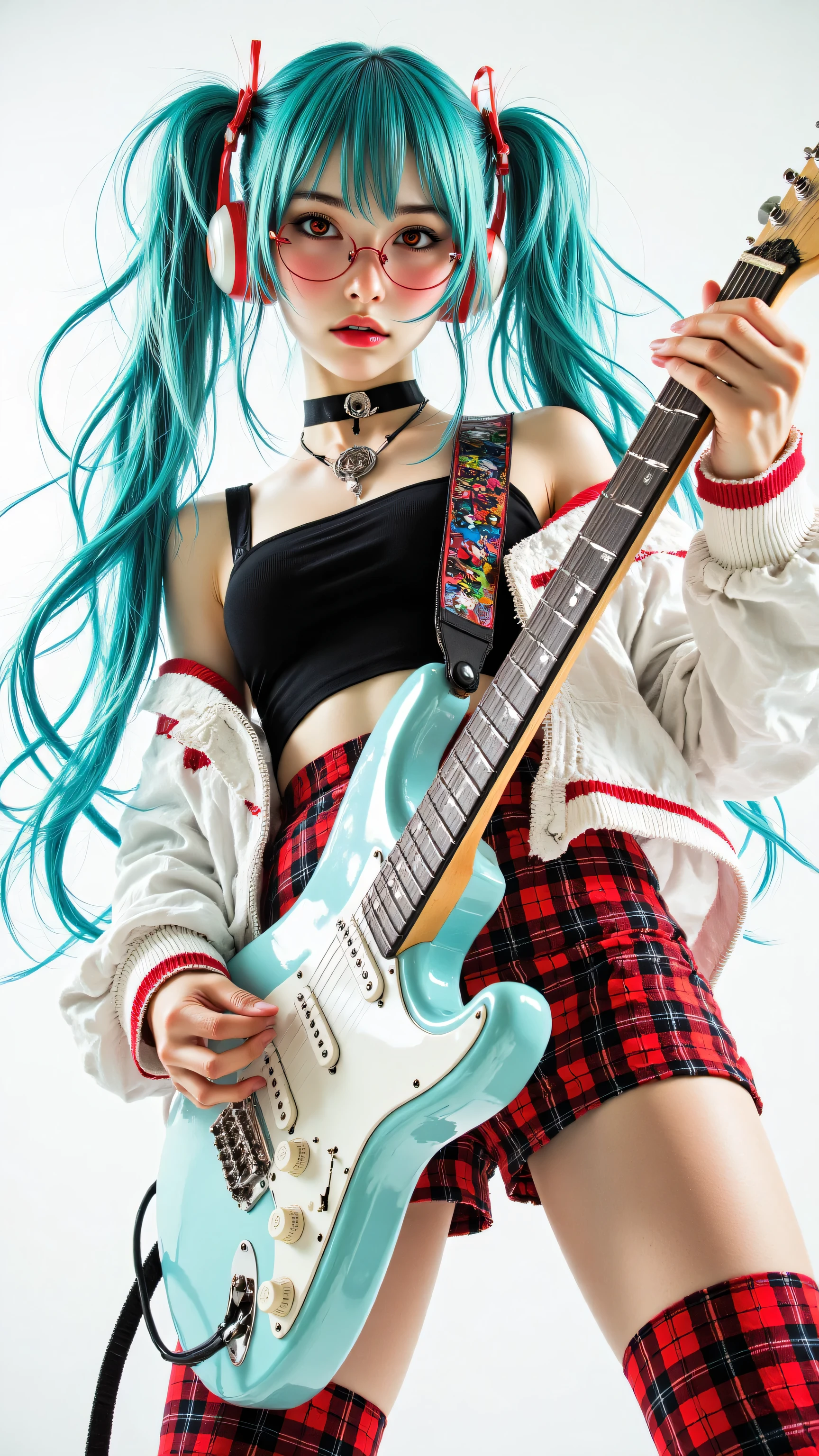 8k, Masterpiece, Top Quality, dynamic low angle shot, foreshortening, woman, very long turquoise pigtails, red eyes, red-framed glasses, choker necklace, stylized outfit, white open jacket, red trim, off-shoulder, black top, red and black plaid short skirt, red and black striped thigh-high socks, futuristic headphone accessories, playing light blue electric guitar, action pose, plain white background, bright studio lighting, clean lines, graphic appearance.