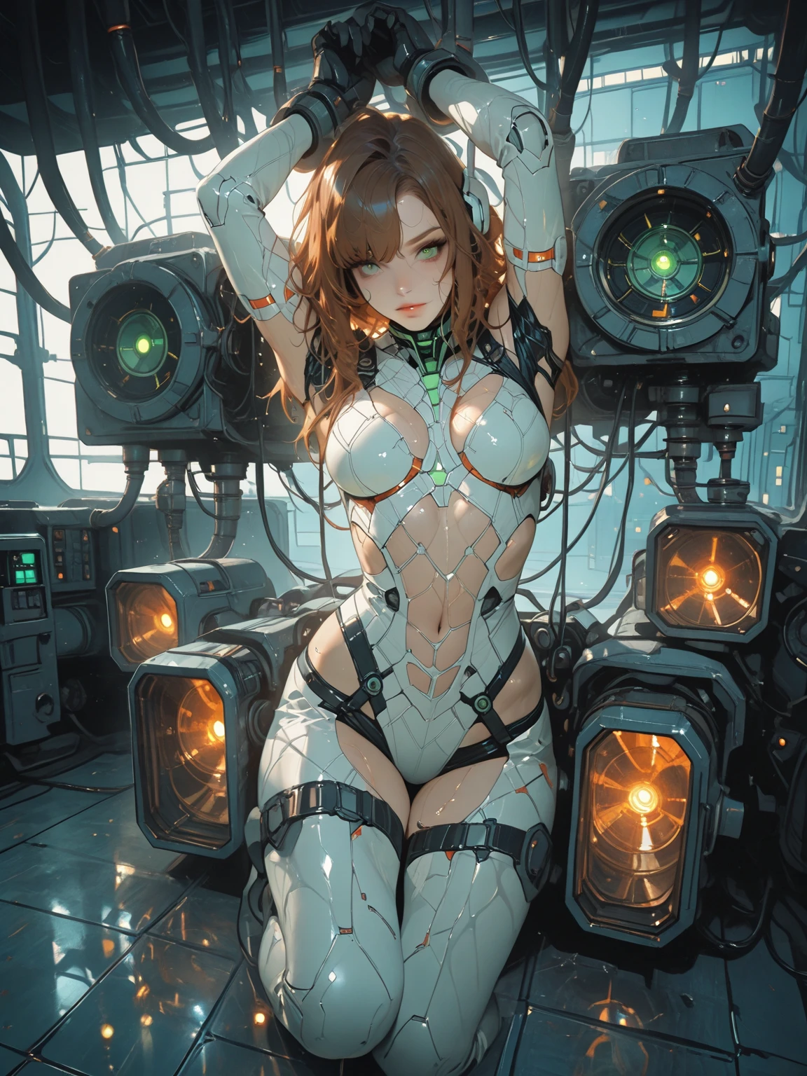 (((masterpiece))), (((Highest quality))), ((Very detailedな)), (Detailed CG illustrations), ((Very delicate and beautiful)),Cinematic Light,((One Mechanical Woman)), alone,mature,(Big and ample breasts),(Plump), (((The crotch is open))),((Thighs)),((Sitting)),whole body, (Machine made joints:1.4),((Mechanically cut muscle blood vessels connected to tubes),((Mechanical cervical spine attached to the neck)),(Wires and cables connected to the head and torso:1.5),short hair,(Character Focus),sf, ,((Very detailed,colorful)),Best details
