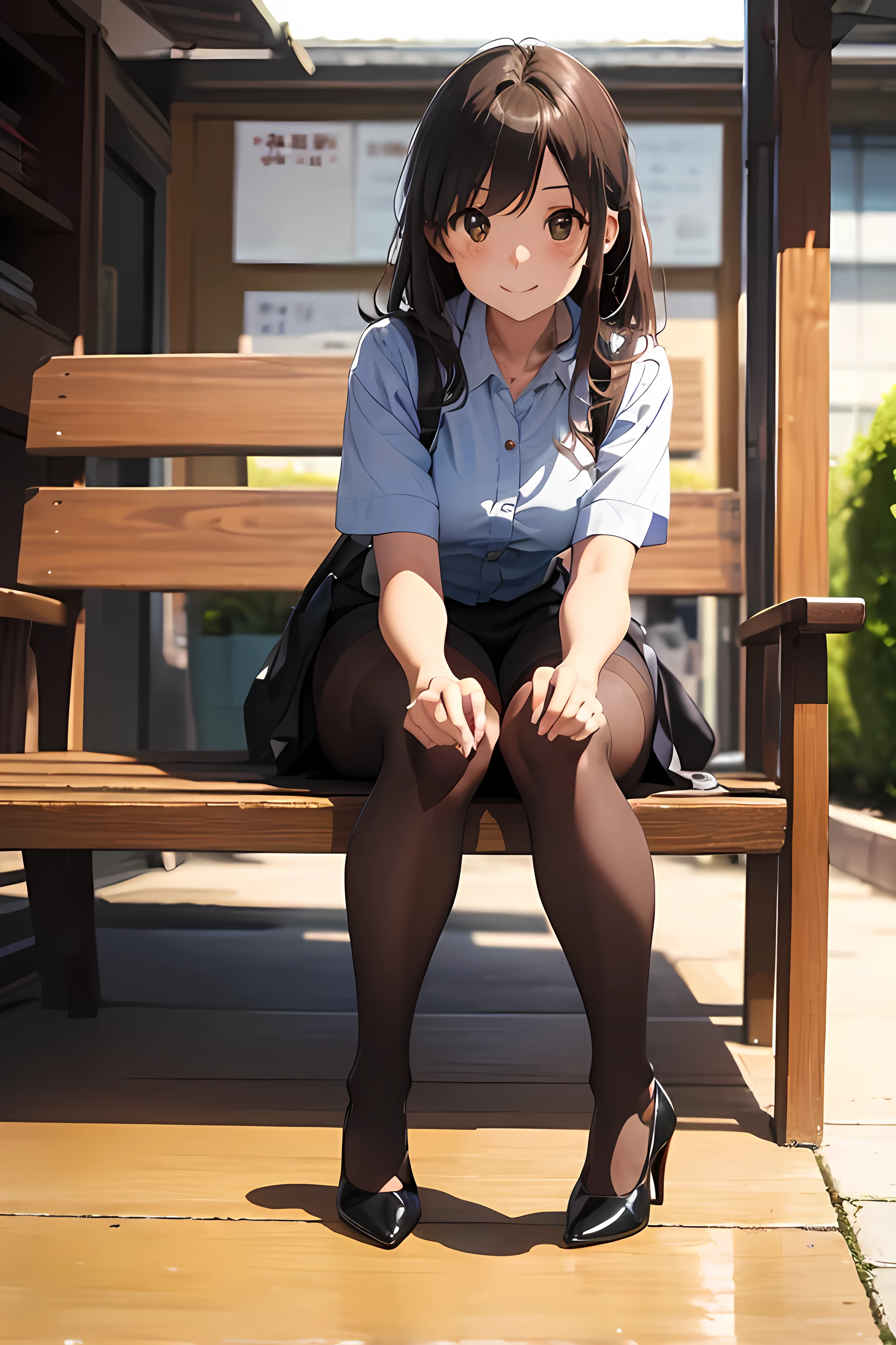 finest, masterpiece, High resolution, (whole body), front, symmetry, Mature , alone, (whole body from head to toe), small breasts, ((((bob hair))))、Light purple eyes, slightly black hair, (black tights), ( (black pantyhose), black pantyhose, (composition where she is made to sit and lift her foot and make her foot open), composition Show me your black panties, slender beautiful foot, very beautiful 17 year old girl (not wearing shoes) foot), blush, shy big eyes, messy hair, looking at camera, show me your white panties, White ruffled lingerie, high school uniform blazer, high school uniform white blouse, High school uniform with blue ribbon, Holding high school uniform shoes with short plaid pattern and navy pleated skirt in hand