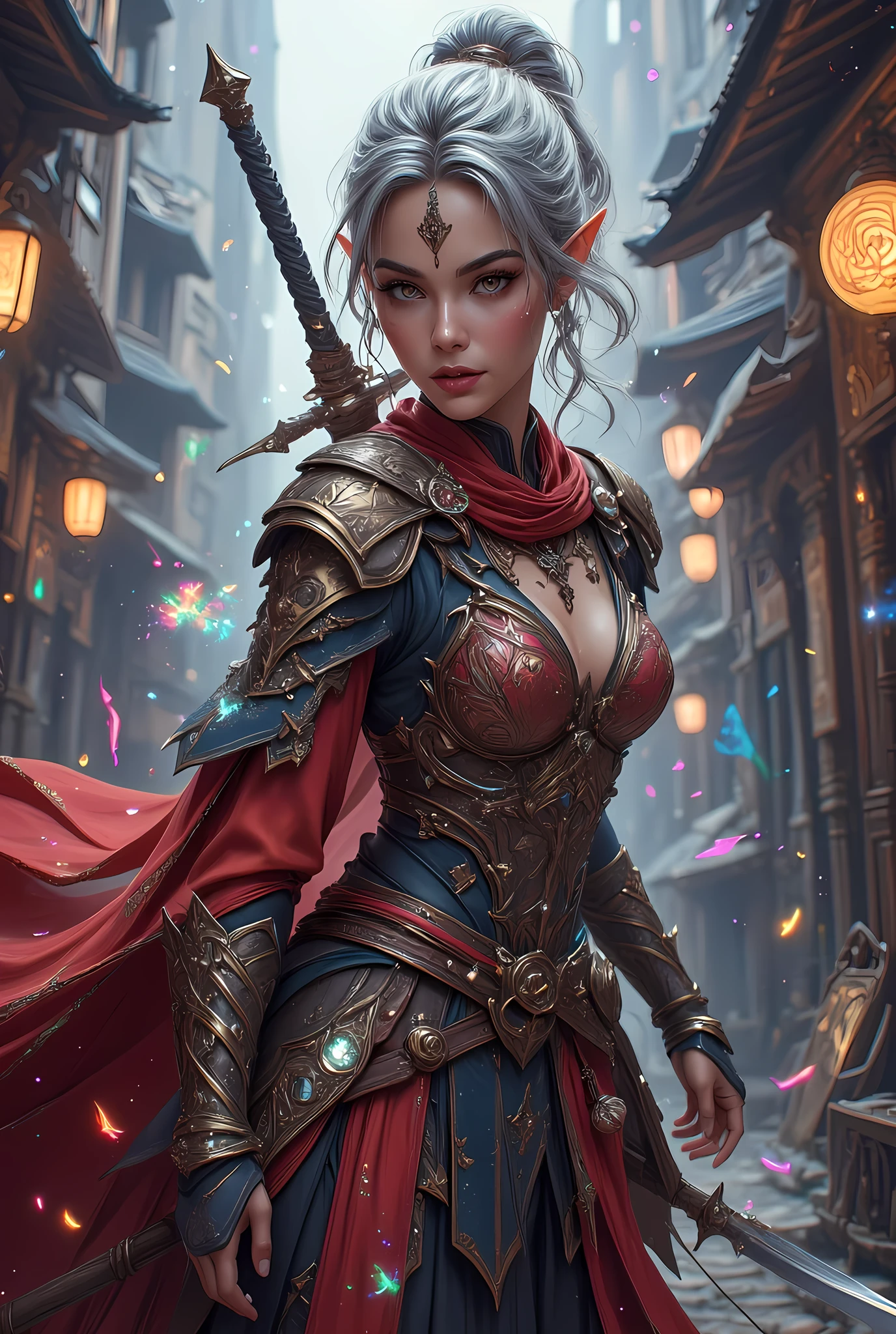 a picture of a female elf (intense details, Masterpiece, best quality) fantasy swashbuckler, fantasy fencer, armed with a slim sword, shinning sword, metallic shine, colorful clothes, dynamic clothing, an ultra wide shot, full body (intense details, Masterpiece, best quality)epic beautiful female elf (intense details, Masterpiece, best quality), rich hair, flowing hair, silver hair, small pointed ears, action shot, GlowingRunesAI_red , colorful magical sigils in the air, colorful arcane markings floating, holding a sword (intricate details, Masterpiece, best quality), fantasy urban street (intense details, Masterpiece, best quality), red cloak, long cloak (intense details, Masterpiece, best quality), sense of daring, sense of adventure, high details, best quality, 8k, [ultra detailed], masterpiece, best quality, (extremely detailed), dynamic angle, ultra wide shot, photorealistic, RAW, fantasy art, dnd art,fantasy art, realistic art, Celestial Fantasy, zavy-ctcmcs, w1n, hyp3rd3tail style