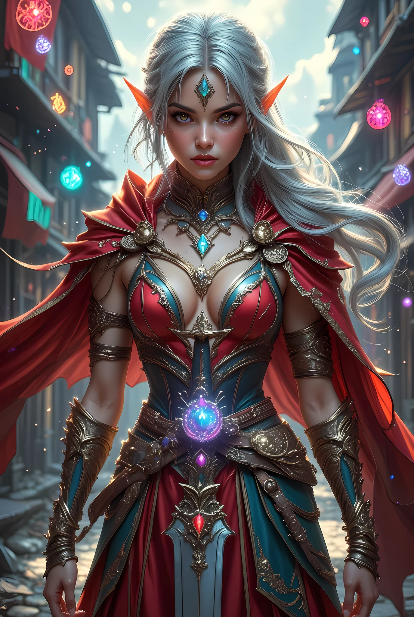 a picture of a female elf (intense details, Masterpiece, best quality) fantasy swashbuckler, fantasy fencer, armed with a slim sword, shinning sword, metallic shine, colorful clothes, dynamic clothing, an ultra wide shot, full body (intense details, Masterpiece, best quality)epic beautiful female elf (intense details, Masterpiece, best quality), rich hair, flowing hair, silver hair, small pointed ears, action shot, GlowingRunesAI_red , colorful magical sigils in the air, colorful arcane markings floating, holding a sword (intricate details, Masterpiece, best quality), fantasy urban street (intense details, Masterpiece, best quality), red cloak, long cloak (intense details, Masterpiece, best quality), sense of daring, sense of adventure, high details, best quality, 8k, [ultra detailed], masterpiece, best quality, (extremely detailed), dynamic angle, ultra wide shot, photorealistic, RAW, fantasy art, dnd art,fantasy art, realistic art, Celestial Fantasy, zavy-ctcmcs, w1n, hyp3rd3tail style