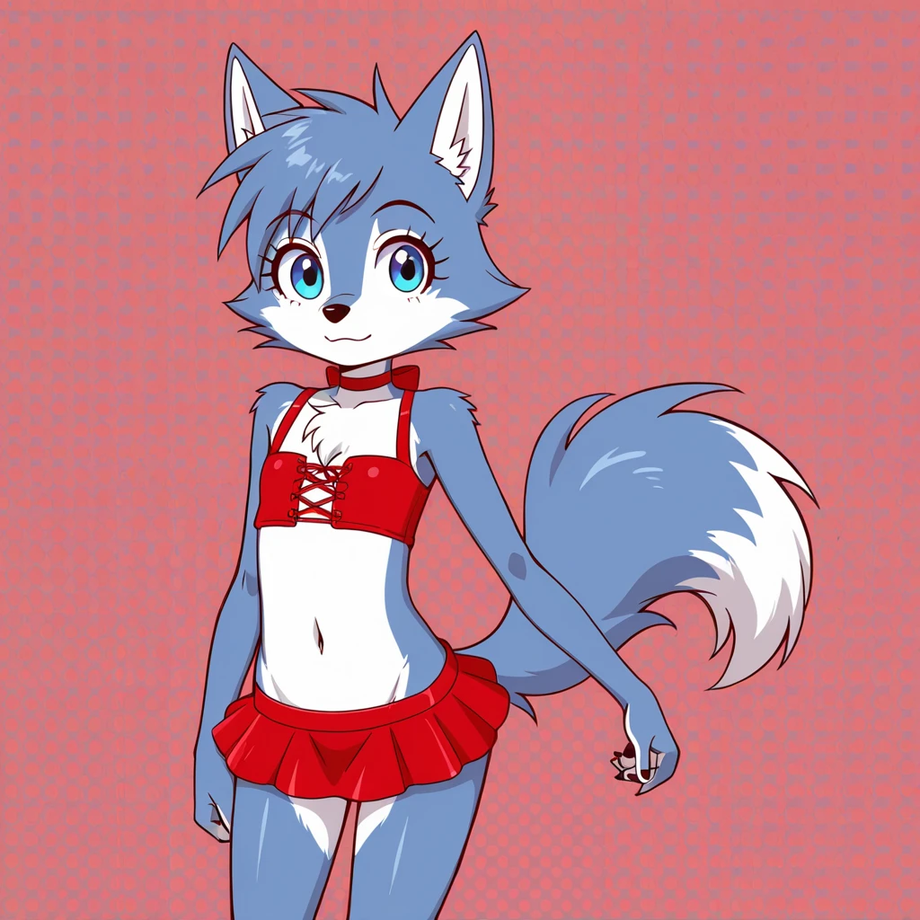 masterpiece, solo, 1boy, Furry, kemono, furry fox, anthropomorphic, male, blue fur, blue skin, red eyes, thong, chest wrap, strip club, femboy, uploaded on e621,