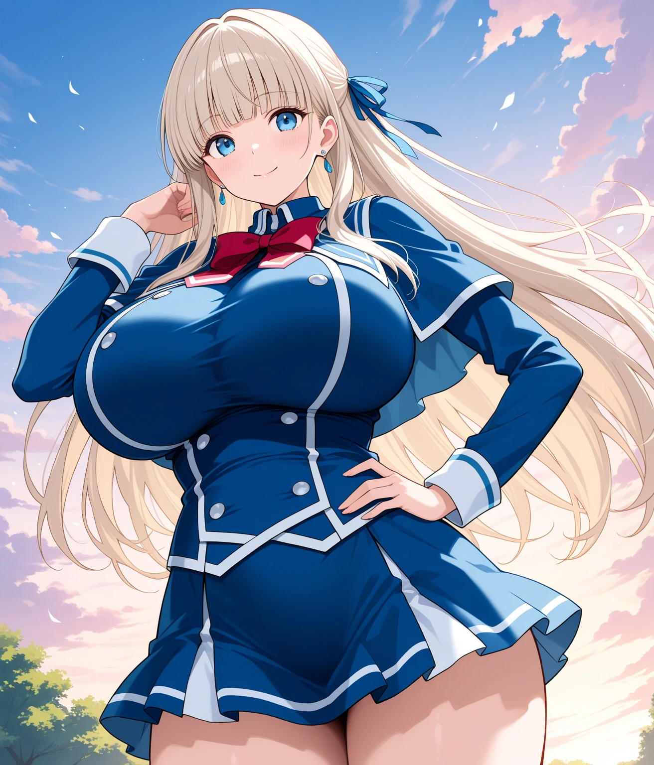 ((masterpiece)), ((best quality)), (ultra-detailed), ((kawaii)), cute, (lovely), ((extremely detailed)), 4K, (8K), best quality, (beautiful), full body, teenage, solo, (((gigantic breasts))), (((sagging breasts))), stylish pose,  ((curvy)), xp-tan, xp hair ornament, detached sleeves, blue skirt, thighhighs,  beautiful detailed shading, beautiful detailed background,  (((world-class quality))), extremely detailed, high resolution, (detailed shaded pretty face), glowing detailed skin and hair,