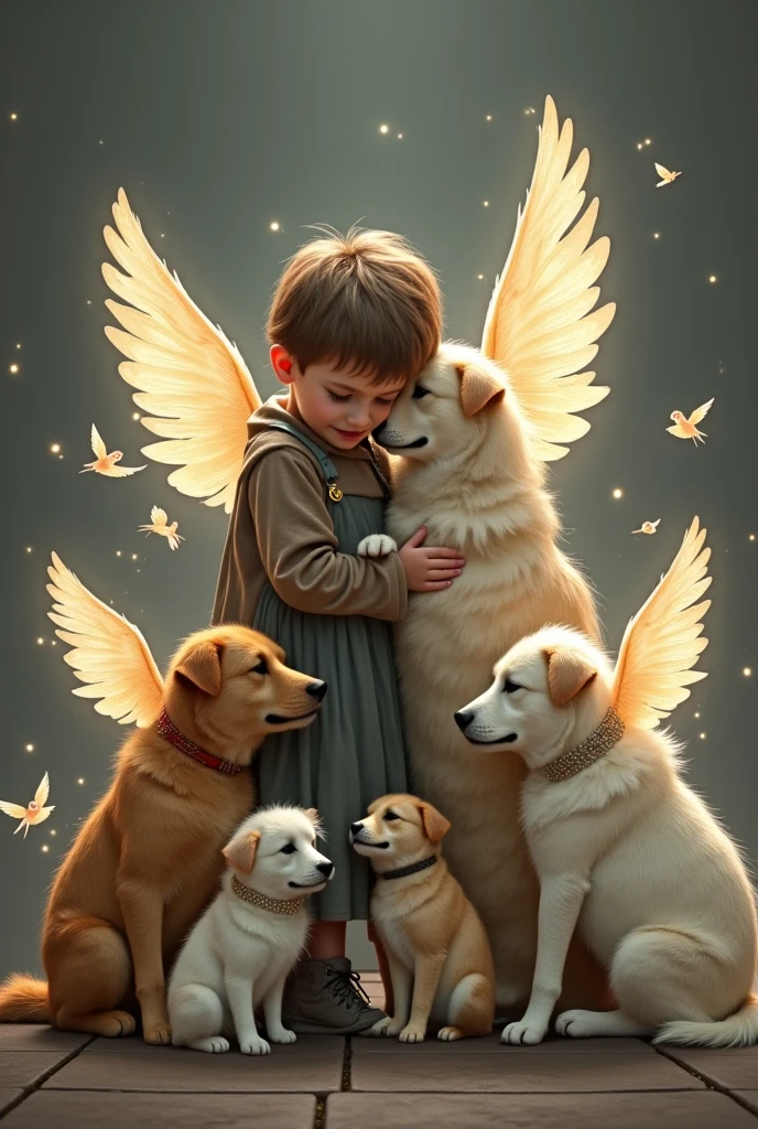 A little dark-haired angel boy and a little blonde angel in front of the plane with a little spotted dog