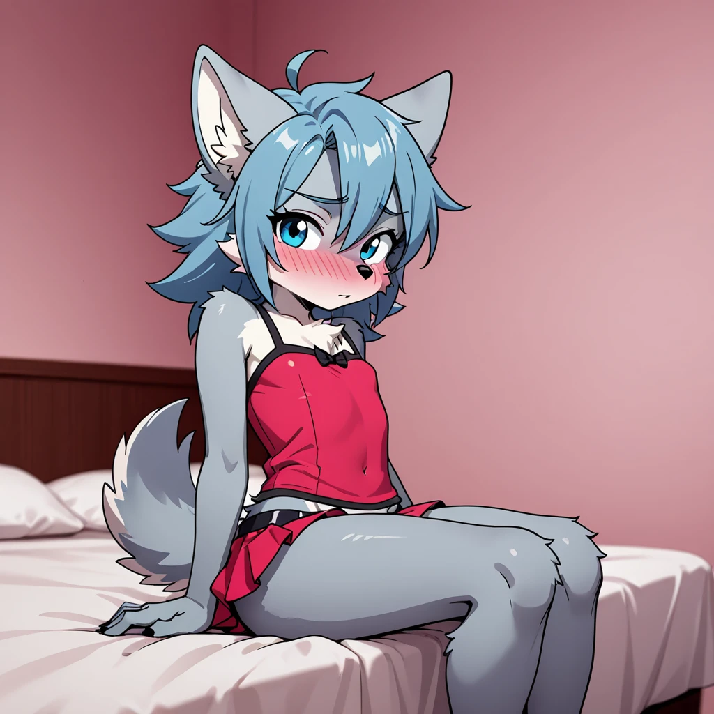 (best quality,highres),boy, furry, raised butt, kneeling on the bed, being spanked by sister, embarrassed, looking back, butt facing outside, two people, paws, furry body, hands on the butt，furry tail and ears，big eyes small nose，正在被打屁股，屁股红彤彤的，蓝色眼睛，白色毛发