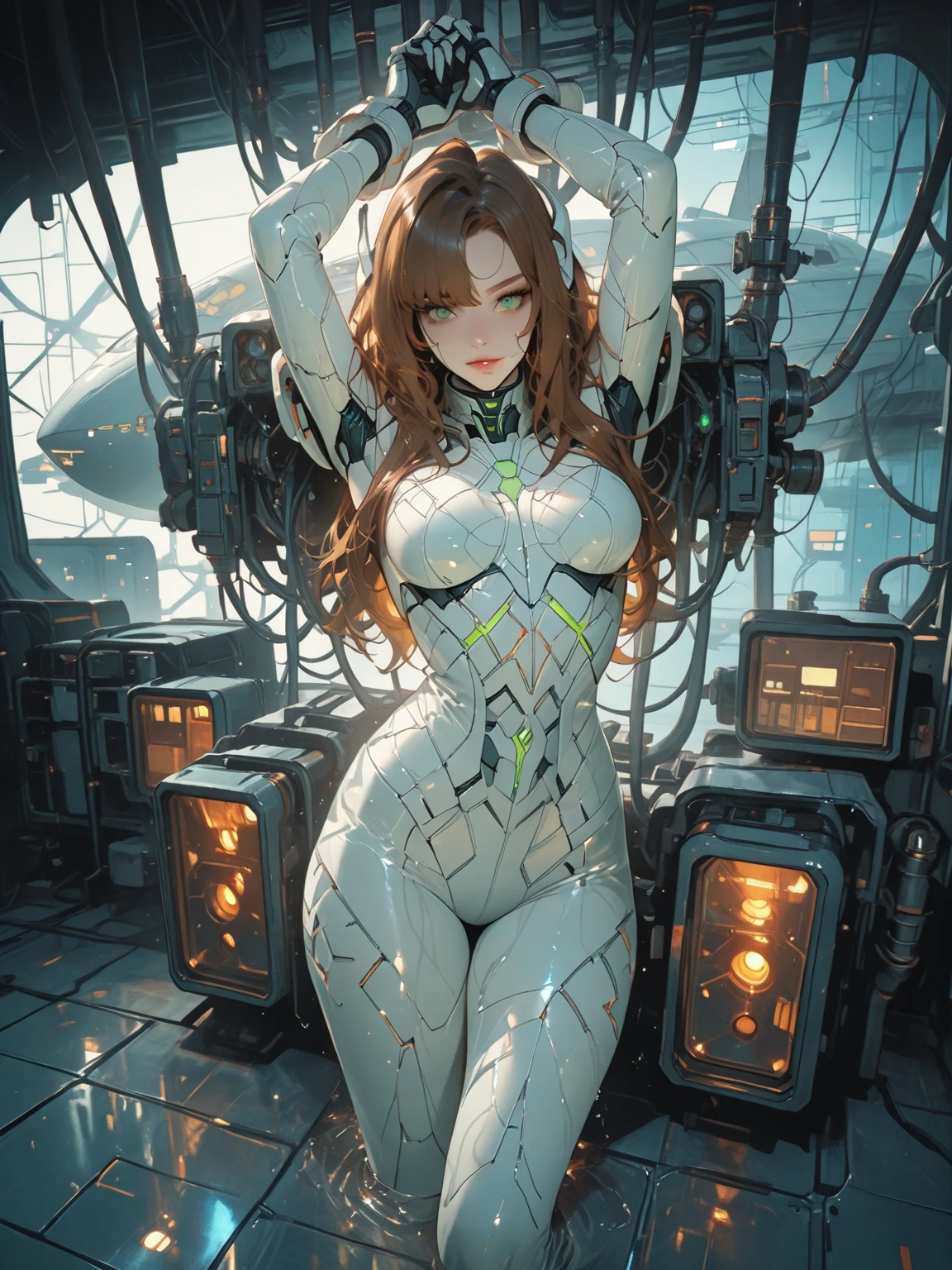 (Extreme face close-up:1.4), masterpiece, best quality, ultra-detailed, highly detailed CG illustration, cute delicate face, ((1mechanical curvy ginger girl)), full body, ((huge breast)), ((big ass)), (Visible cybernetic enhancements:1.4), (very long and curly hair:1.4), ([orange|copper] hair:1.5), (white cold skin), ((mech g-string thong)), (machine made joints:1.4), ((machanical limbs)), (blood vessels connected to tubes), ((mechanical gold vertebra attaching to back)), neon lights ((mechanical cervial attaching to neck)), ((brain visible on the head)), dust  computers and sparks, ((sitting)) on the cirugy table,  ((expressionless)), ((emerald bright eyes:1.5)), (wires and messy cables attaching to head and body:1.5), )), ((Neo-noir atmosphere:1.3)), (character focus), science fiction