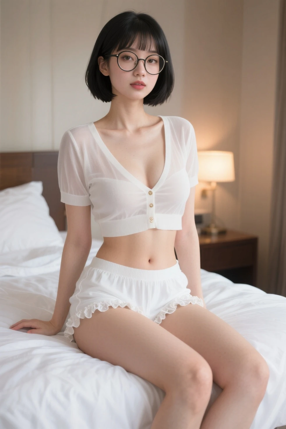 Top quality, 1 beautiful woman, wearing navy long big trainer, show white panties, cameltoe, 35mm lens, f/1, cowboy shot, large chest, Sitting with Knees Up on sofa at living , spread legs, feeling good, round glasses, low twintails