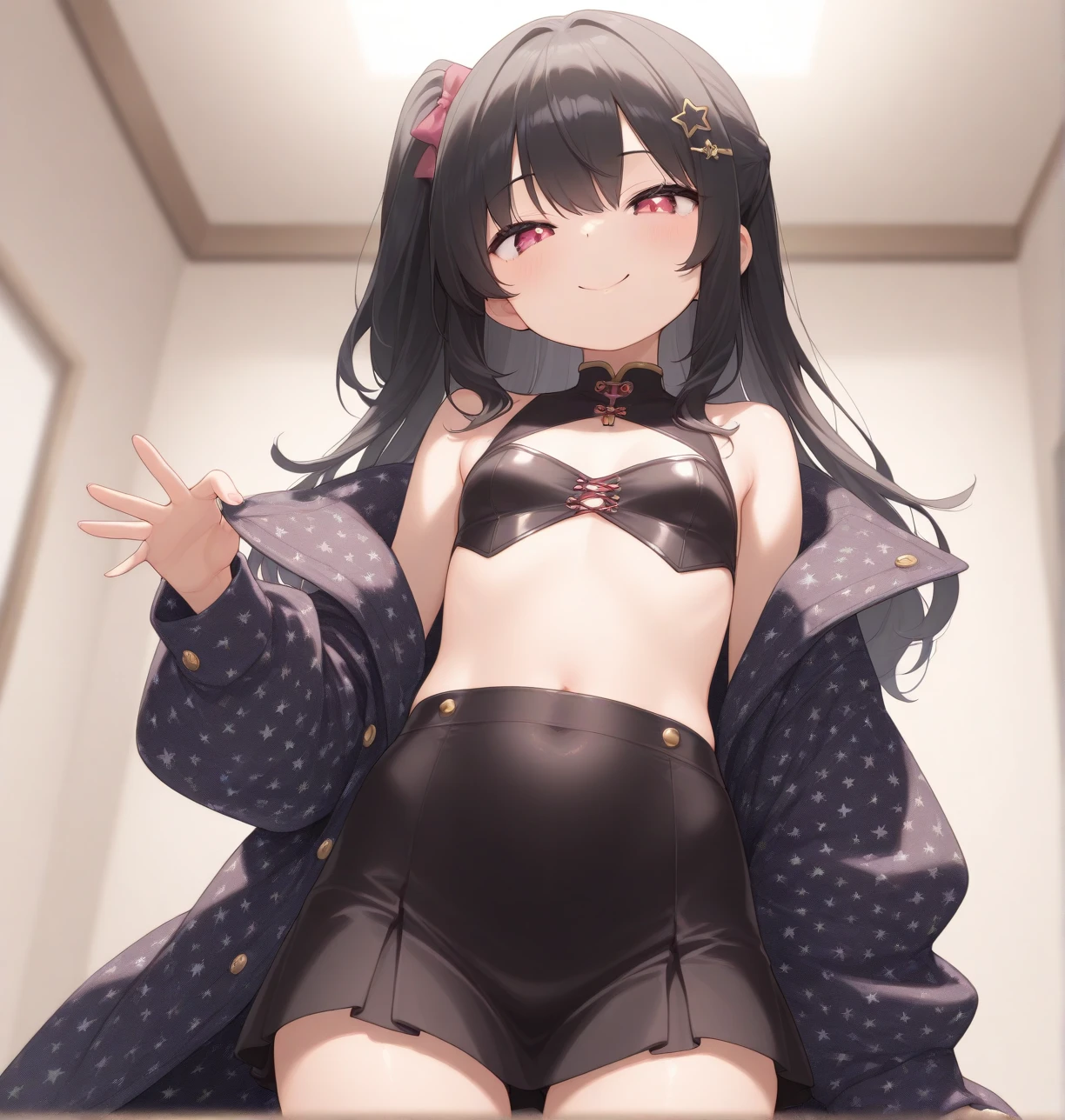 nichijou,(best quality:1.2),solo,low twintail,dark hair,@_@,disgusted eyes,(nude:0.7) stripe bra and panties,dressing room,simple,pov angry,front arms
