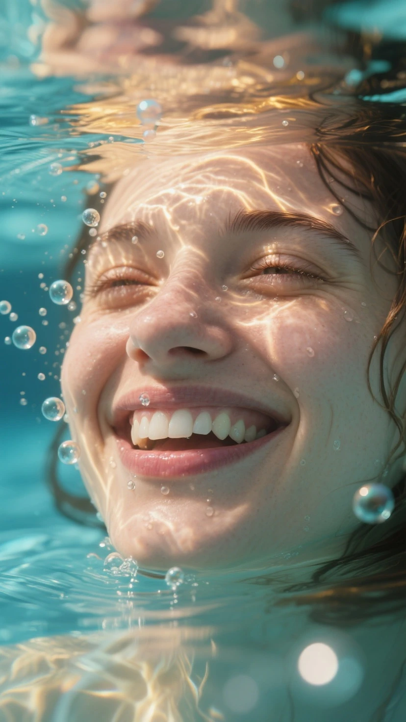 Beautiful blond woman submerged in water, sonrriendo, ultra definition, cubriendose los senos, maximum detail of the skin, wet skin, Play of light and shadows