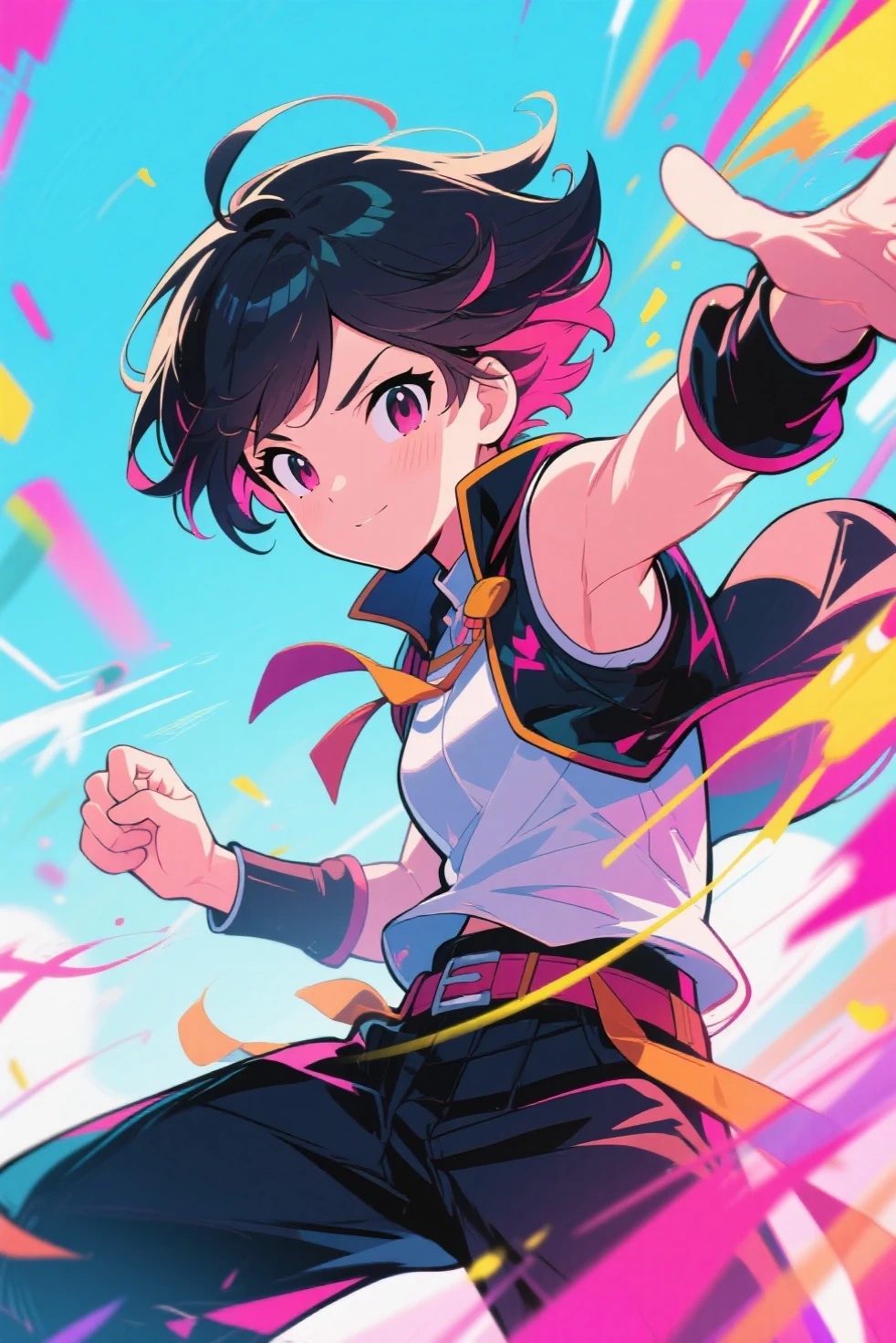 (score_9,score_8_up,score_7_up,),<lora:junhe:0.9>,kanbaru suruga,naoetsu high school uniform,bike shorts,solo,short hair,school uniform,bandages,black hair,skirt,shorts,brown eyes,black shorts,pink shirt,short sleeves,shirt,high kick,