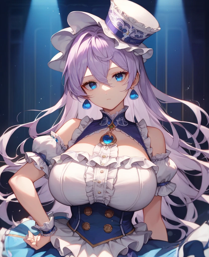 (Best quality,4K,8K,A high resolution,Masterpiece:1.2),huge tit,blue hairs,Blue and white skirt,Scepter in hand,Deep purple pupils,Pink and white bow,a matural female,Purple crystal aura,white  clothes,clothes torn,White hood,Tear mole at the corner of the right eye,white stockings,goddes,face expressionless