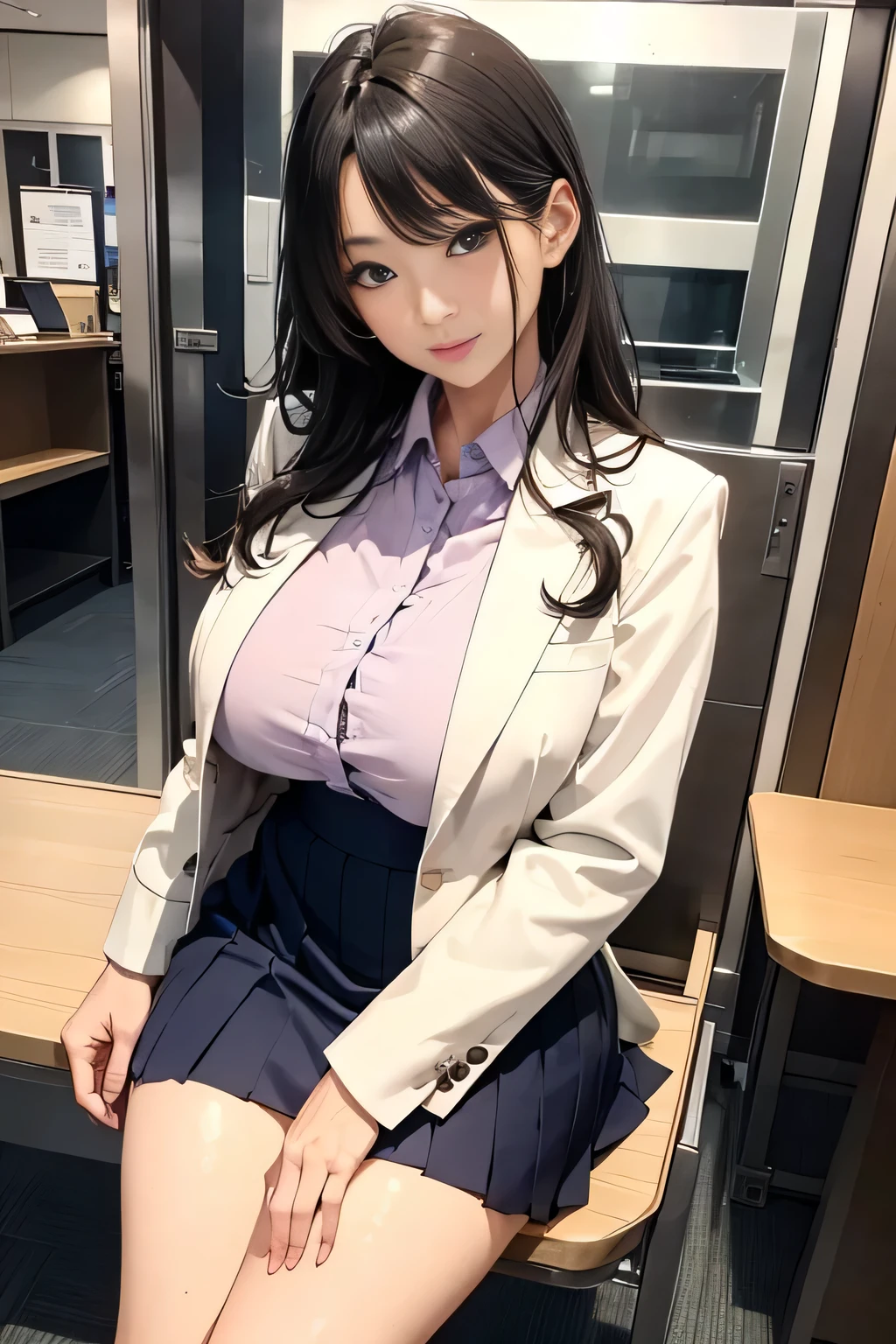 Best quality, masterpiece, ultra-high resolution, 8K, (reality: 1.4), RAW shooting, most detailed face, very detailed and perfect anatomy, live photography; most beautiful face; shining skin; one 18-year-old Japanese.My bangs and eyes are big and cute.It has brown eyes, gentle eyes, long brown hair, a young face, and a large chest.E-cup. Look at the audience. The best smile.
Cosplay, teacher, gray suit, white collar shirt, gray miniskirt, standing in front of blackboard,