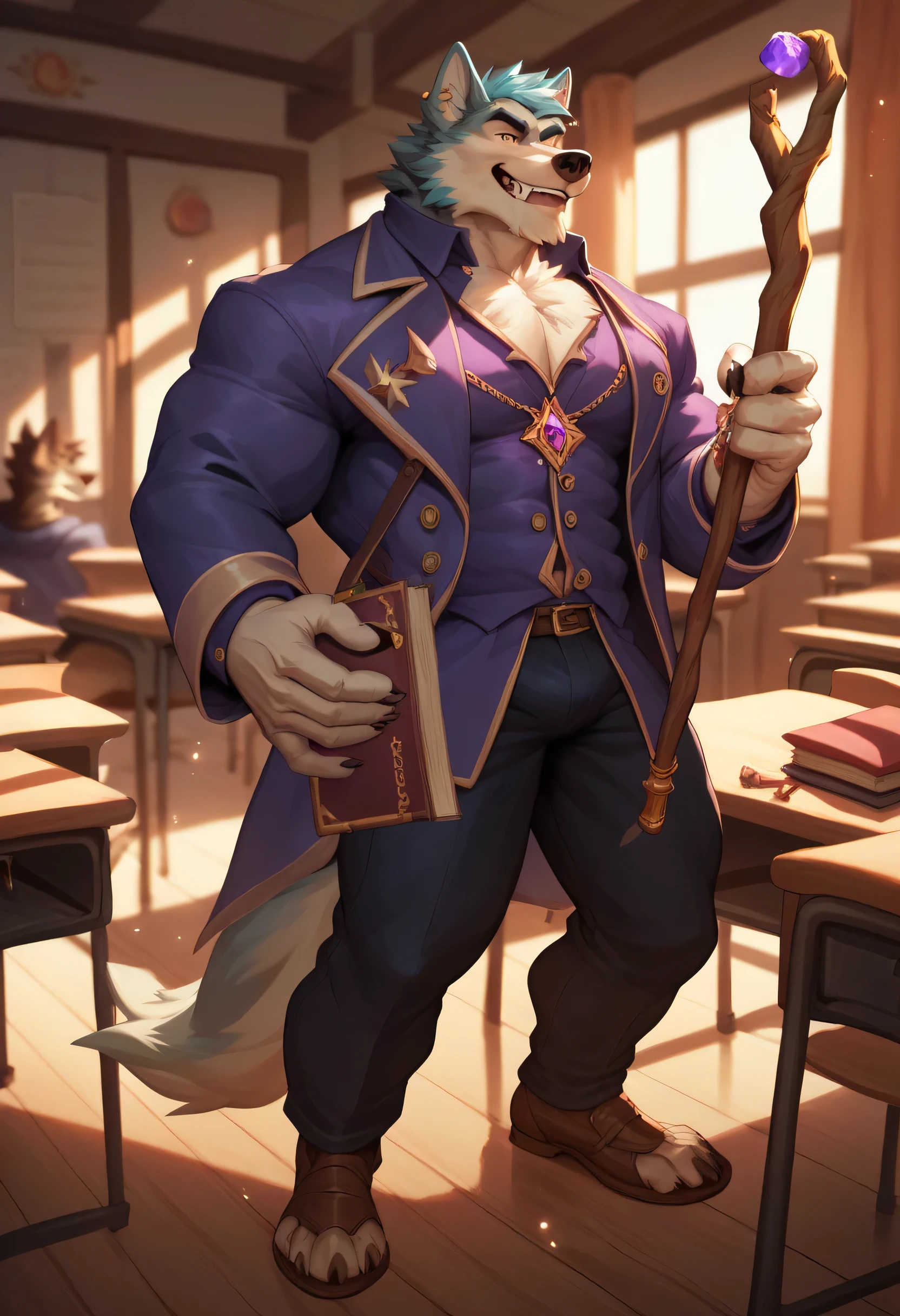 Anthropomorphic, male, wolf, wizard, holding a wooden staff, wearing a wizard suit, background (wizard school classroom).