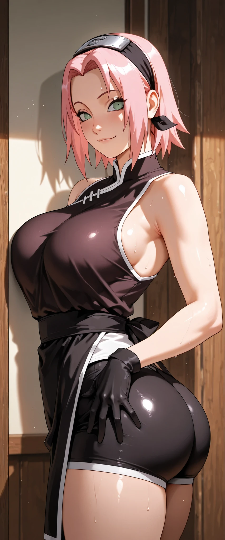(masterpiece), (best quality), (ultra-detailed), (extremely detailed cg), (a extremely delicate), (perfect lighting), (8k), (dynamic angle), (sharp image), vibrant colors, female, masterpiece, best quality, depth of field, cinematic lighting, masterpiece, best quality, ultra-detailed, colorful, vibrant, large breasts, thighs, mature female, solo, (masterpiece, best quality, high resolution, animescreencap, anime colored,), (perfect anatomy, beautiful detailed eyes, beautiful detailed body, beautiful breast, shiny skin), the sexy anime girl is topless, makima(chainsaw man), 1girl, loose braid,long hair, red hair, side bangs, golden eyes, ringed eyes, medium breasts, ((sweaty body)) , ((wet skin)) ,very wet skin, shy expression, blushing, dynamic pose, arms behind head, show both armpits((sweaty armpits)), black pantyhose,black stockings, exposed breast, pink nipples, cameltoes, looking at viewer, 