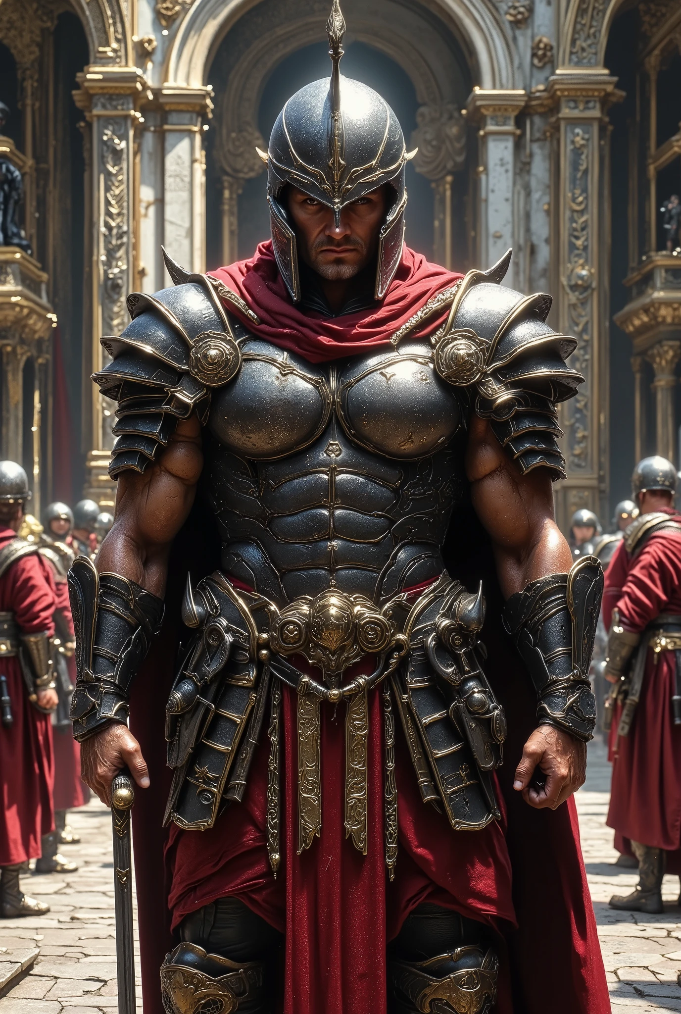 Angle photo of the Centurion Guard of Rome wearing an extremely low helmet awaiting the start of a new March, aspect ratio 4 :6 , image quality Canon 35 EOS 90D mm version 6