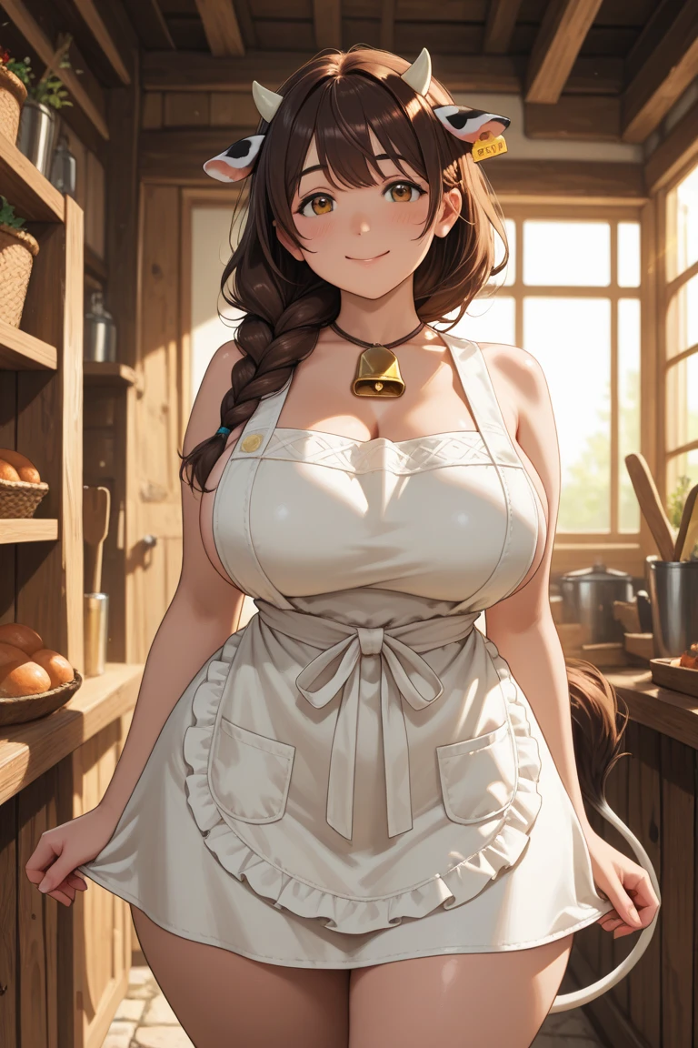 (Highest quality, 8k, masterpiece: 1.3), Beautiful woman with perfect figure: 1.2, Dark brown hair, Japanese, Wearing a frilly apron, In the kitchen, Highly detailed face and skin, Detailed eyes, double eyelid, Big Breasts,whole body,ponytail,Expose