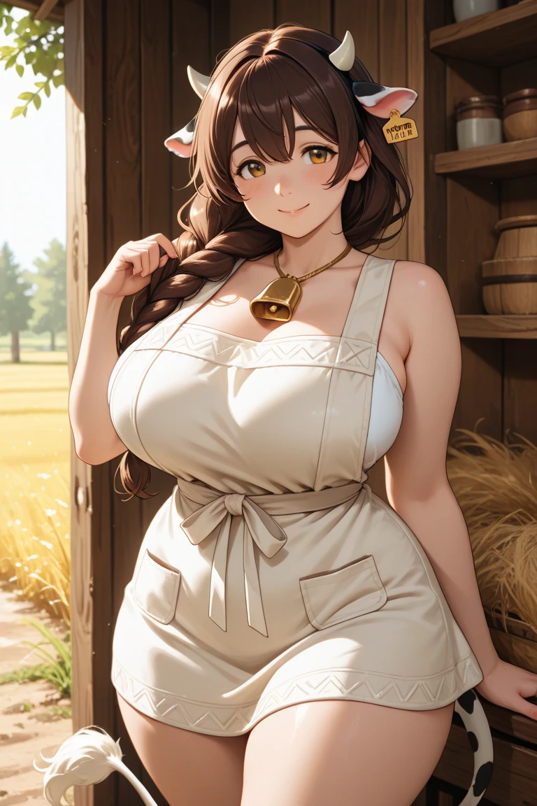 Bare Legs, Brown_hair,Brown_Eye,hair_decorate,hairclip,Side Mao Insult, Single Braid, 1 girl, 20 years,Young women,(((Large Breasts)))Breast sagging、Low-cut(((Cleavage )))、(((Wide hips,)))(((Hourglass figure)))((Long legs)),Fair Finger,Fair long legs,Fair body,Fair Nose,Fair character design, perfect Eye, perfect Face,expressive Eye, looking at the audience, In the center of the image,(Light_Smile:0.5), Official Art,Extremely detailed CG unified 8K wallpaper, perfect Lighting,rich and colorful, bright_front_Face_灯Light,有Light泽的皮肤, (masterpiece:1.0),(the best_quality:1.0), Ultra-high resolution,4k,Super detailed, photography, 8K, HDR, high resolution, absurd:1.2, Kodak Portrait 400, Film Grain, Blurred background, Bokeh:1.2, 镜头Light晕, (Full of energy_color:1.2) (Fair,Big goals_Chest:1.0), (Fair_Face:1.5),(narrow_waist), underwear, Lace