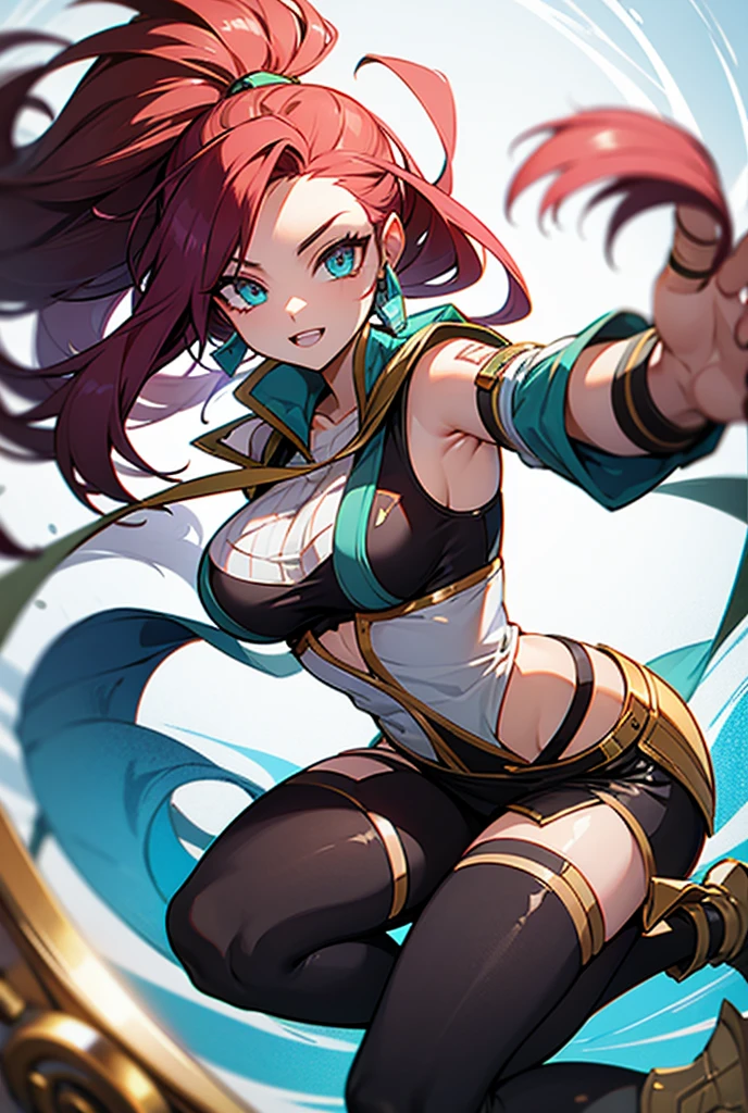 (masterpiece, best quality), 1girl,   xayah, solo, long hair, animal ears, hood, hair over one eye, facial mark, thighhighs, large breasts, pink hair, hood up