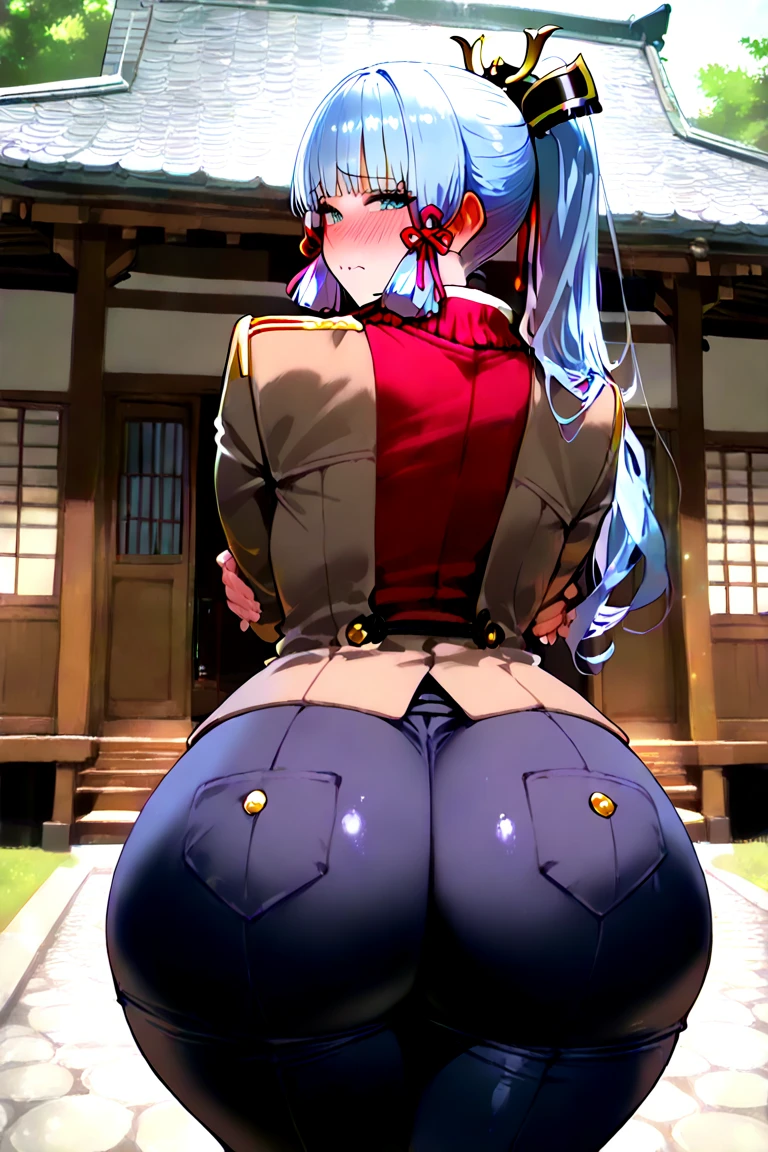((masterpiece)),(bestquality),((ultra-detailed)), ((beautiful detailed sky)), ((cinematic lighting)), depth of field, (dynamic angle),detailed lighting,(beautiful detailed eyes), ((night city view)),red lip, eyeshadow,large breast, ((sexy)), cleavage, navel, (kamisatoayakadef, kamisatoayakarnd, kamisatoayakaspring)((kneeling, spreading legs wide open, POV from back))