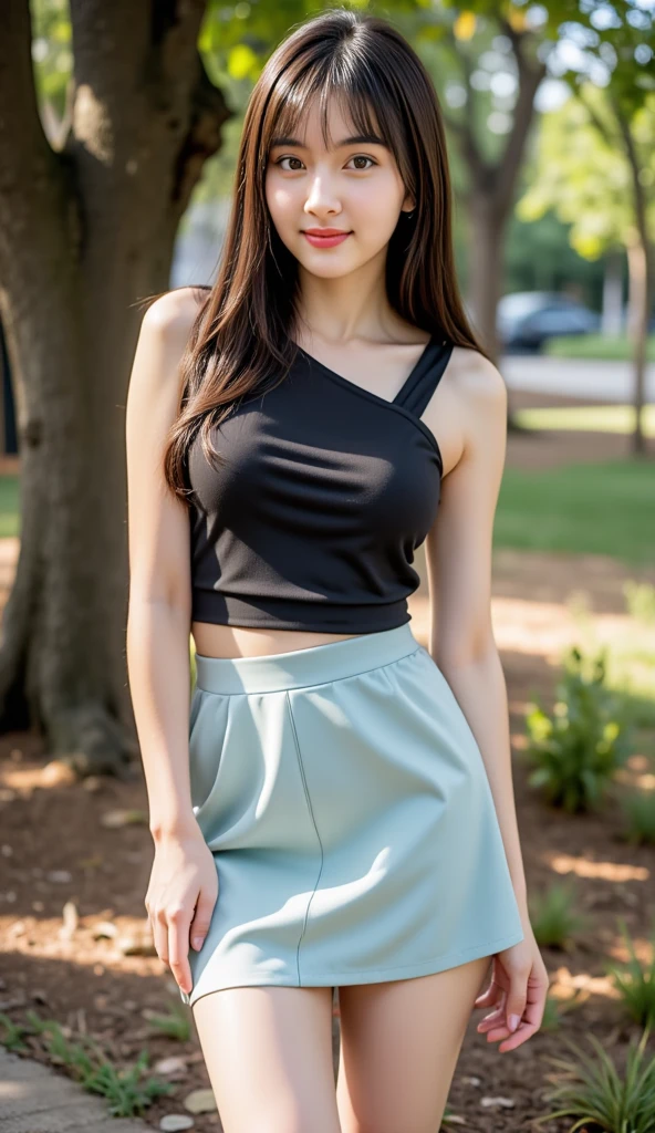 ((best qualtiy, 8K, tmasterpiece:1.3)),Focus:1.2, female high-school student,wooden cabin,(A look of determination)(adolable),delicated face,Long hair waist-length,long hair flowing,Tilt your head,ssmile,Hair details,Delicate Full Body Portrayal,Delicate depiction of the face,Best picture quality,A high resolution,细致背景,Delicate portrayal,exquisitedetails,Rich in detail,Facial strengthening,(Black crop top with crop top,short skirt),with blue sky and white clouds,Sitting Among the Flowers,wooden cabin,There are no bags under the eyes