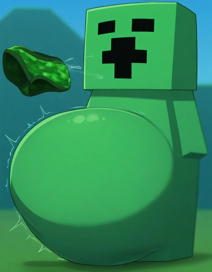 Minecraft creeperwoman with cube head black eye Green half black body blushing and show butt left side view 