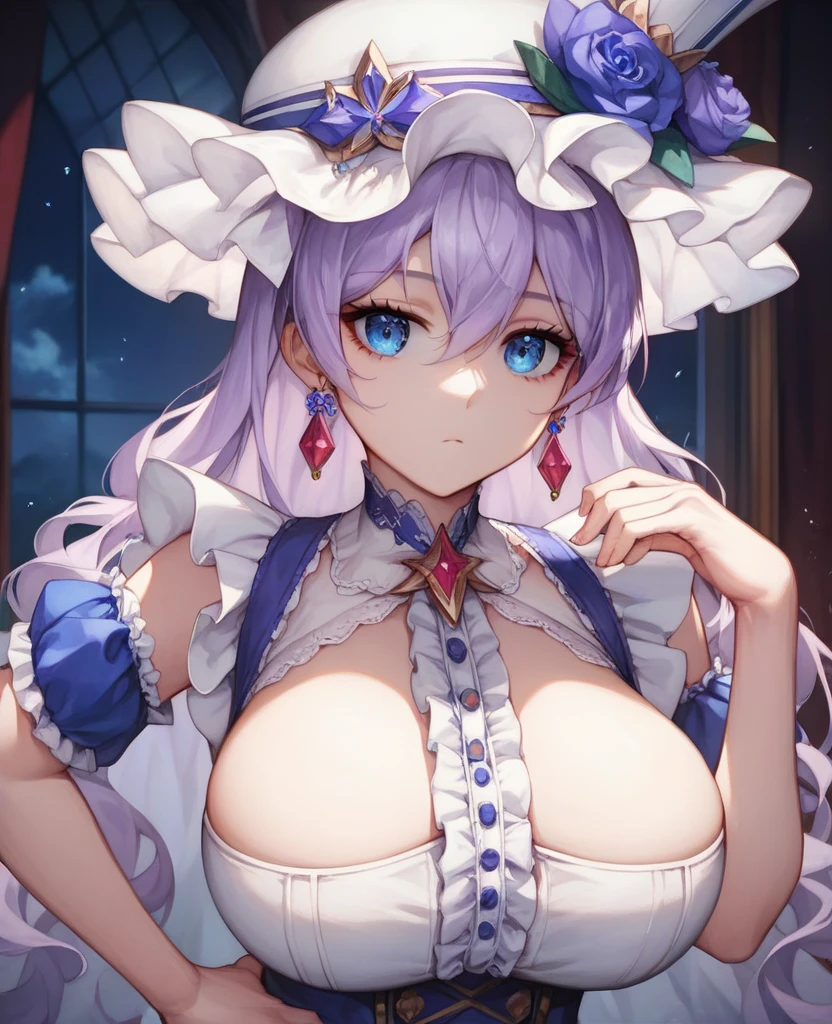1人、Too large breasts、爆乳、cleavage of the breast、Lolclothes with lots of ribbons and frills、big ribbon on the head、fluffy and soft hair、Pale atmosphere、cute lolita room、Sunshine、Choker on ribbon、I see underwear.、garter belt made of lace、garnet brooch、Too large breasts、Sparkling eyes、heart mark、kawaii、爆乳