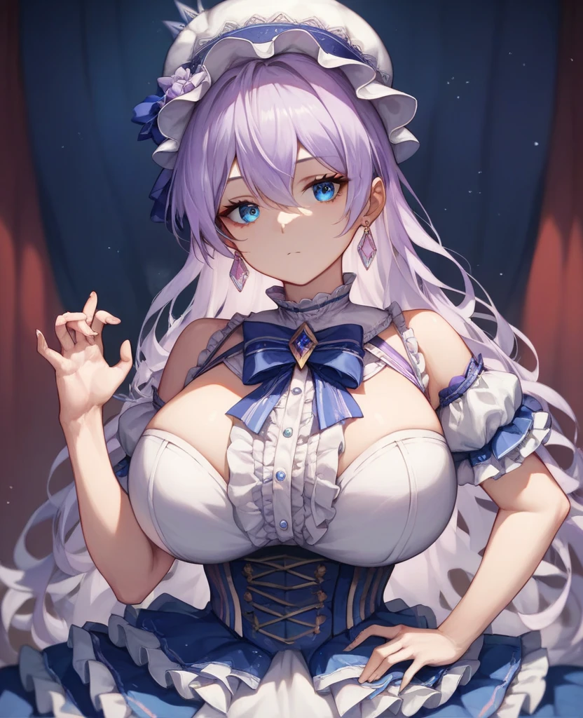 One girl, labrynth, Silver Hair, Grey Eyes, big breasts, horn, Cleavage, White Dress, white elbow gloves, silver castle, ivory, Exquisite, chandelier, blush, Nervous,
White interior, 