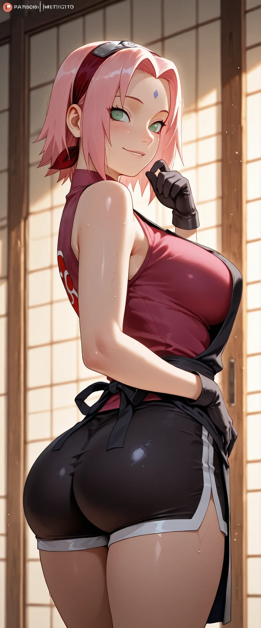 (best quality, masterpiece), Mikasa Ackerman, black hair, solo , red scarf, boxing, in ring, sports bra, standing, thigh legs, big breasts, cleavage, shorts, sweat looking_at_viewer