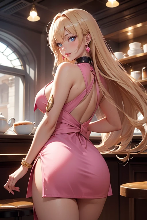 1 girl, alone, breasts big, hourglass-body, gazing at viewer, high resolution, blue colored eyes, Laughter, hair blonde, very long hair, hair slicked back, Hair over the shoulder, loose hair, flushed, Laughter, make up, slightly-smile, excited face, ass pov, anime styling, wearing a purple fitted dress, standing, backgraund inside busy mall, during daytime, clear lighting