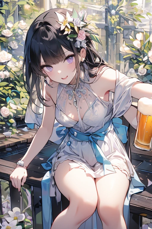 The model in a serene and peaceful pose., en un entorno tranquilo y calmado. Cerveza con gaseosa