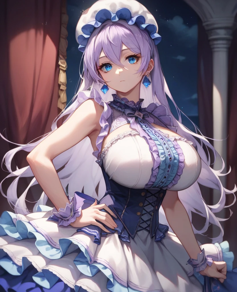 tmasterpiece, (Best quality at best), 1 lady,1个Giant Breast Girl ,1boys,,kawakami_wheat, Blonde hair, long whitr hair, Hair hanging down, a purple eye, offcial dress, White dress, jewely, choker necklace, 耳Nipple Ring, Large breasts, Moles under the eyes,sexy women, Embarrassing,Be red in the face, formal , vivd colour ,,natural lightting ,real time transmission, , The beautiful, (详细的脸:1.2), Exhibited, (perfect eyes:1.1) ,(realisticlying:1.1), 8k ultra high definition, looking at viewert, indoor background