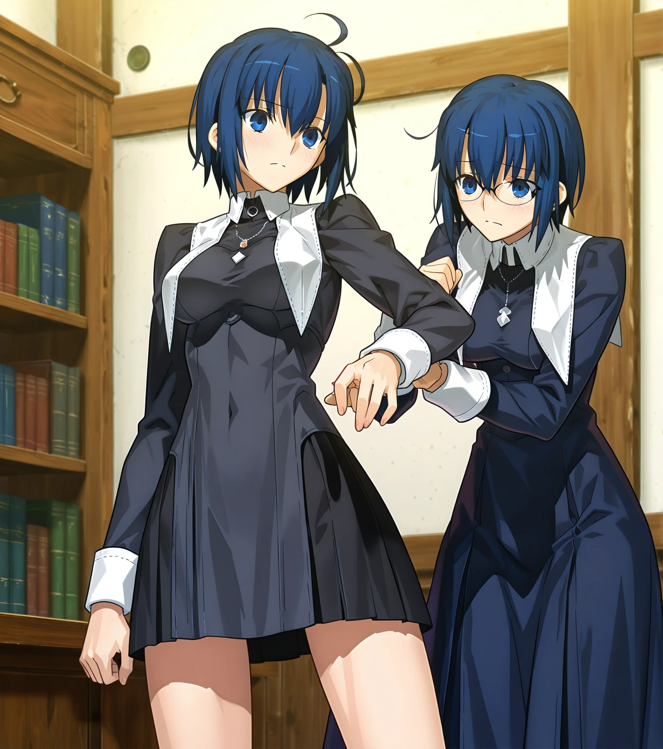 1girl, KuroNPC, black hair, short hair, hair between eyes, large breasts, black eyes, maid outfit, sitting on bed, ((legs spread)), bottomless, pussy, legs lift, legs split, heavy blush, embarrassed, perfect pussy