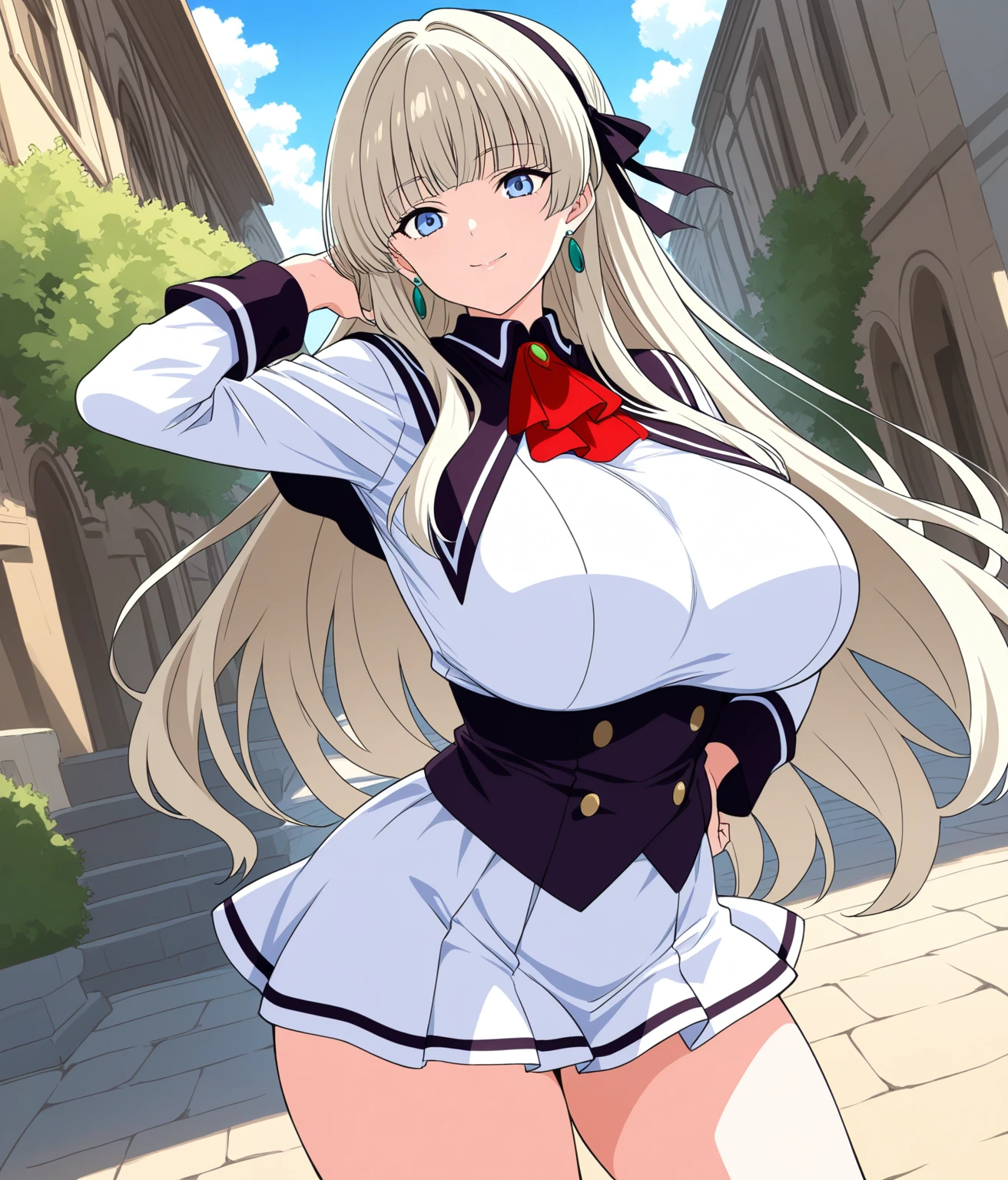score_9, score_8_up, score_7_up, 8k, masterpiece, anime, detailed face, gigantic tall anime girl with peaky huge breasts and cartoonish hyper muscles, posing for picture at school, long hair, bright blue eyes, big eyelashes, baby face, smile, (extremely whiter skin: 1.5), (extremely glossy skin: 1.0), school girl uniform, (gigantic muscles: 1.1), wide shoulders, massive round breasts, gigantic round breasts, gigantic muscular arm, Extremely large biceps, Extremely thin waist, exposed 8pack abs, wide hip, (gigantic and powerful: 1.25),