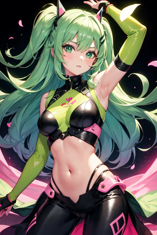 1 girl, long green hair, purple eyes, cat ears, smirk, superhero form, pants, open belly, inner sideboob, masterpiece, high quality