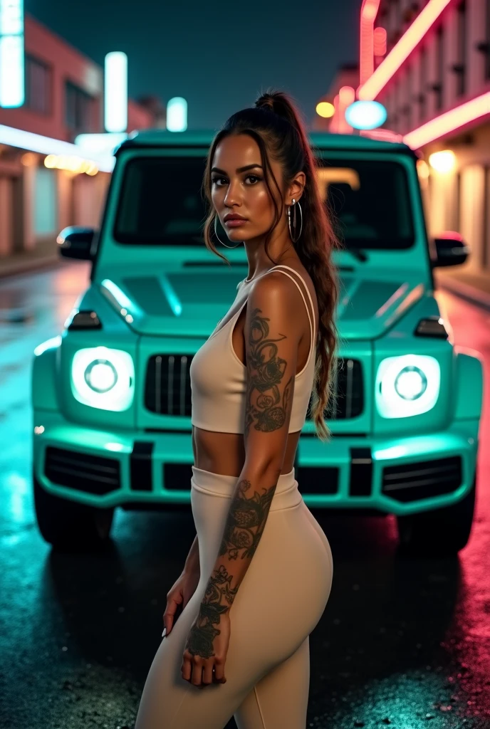 Use this girl from the image and she's standing in a Mercedes car showroom buying a new Mercedes-Benz G-Class