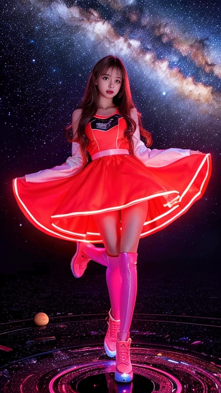A cute and fairytale-like idol girl、whole body、Good style、、、、、、、、、、Thick legs、、Fluorescent orange and green ghost costume、Neat and clean idol face、A fairytale cemetery（Glowing）