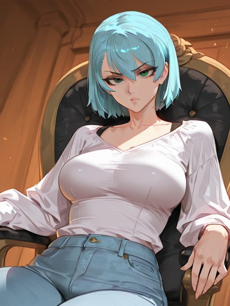 girl with short dark blue hair, pretty and calm eyes, pale skin, holding a cup of coffee with both hands. She has a white shirt with a low neckline, which shows her large breasts a little, and light blue pants. She is sitting in the living room of her house, with some candles that gives it a romantic touch. It's night.