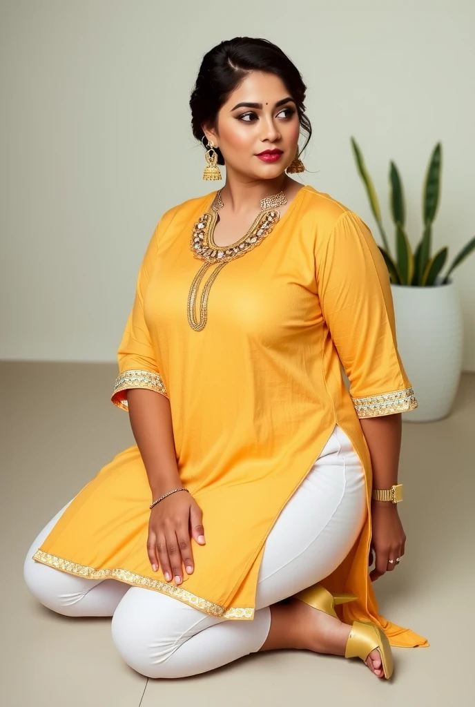 Day scene, A radiant, full-figured South Indian 3 aunty a brown colour chiffon fully transparent kurta, bra visible through kurta, ,standing, in a office captured in a full-body image with vibrant hues and meticulous details. Full body image