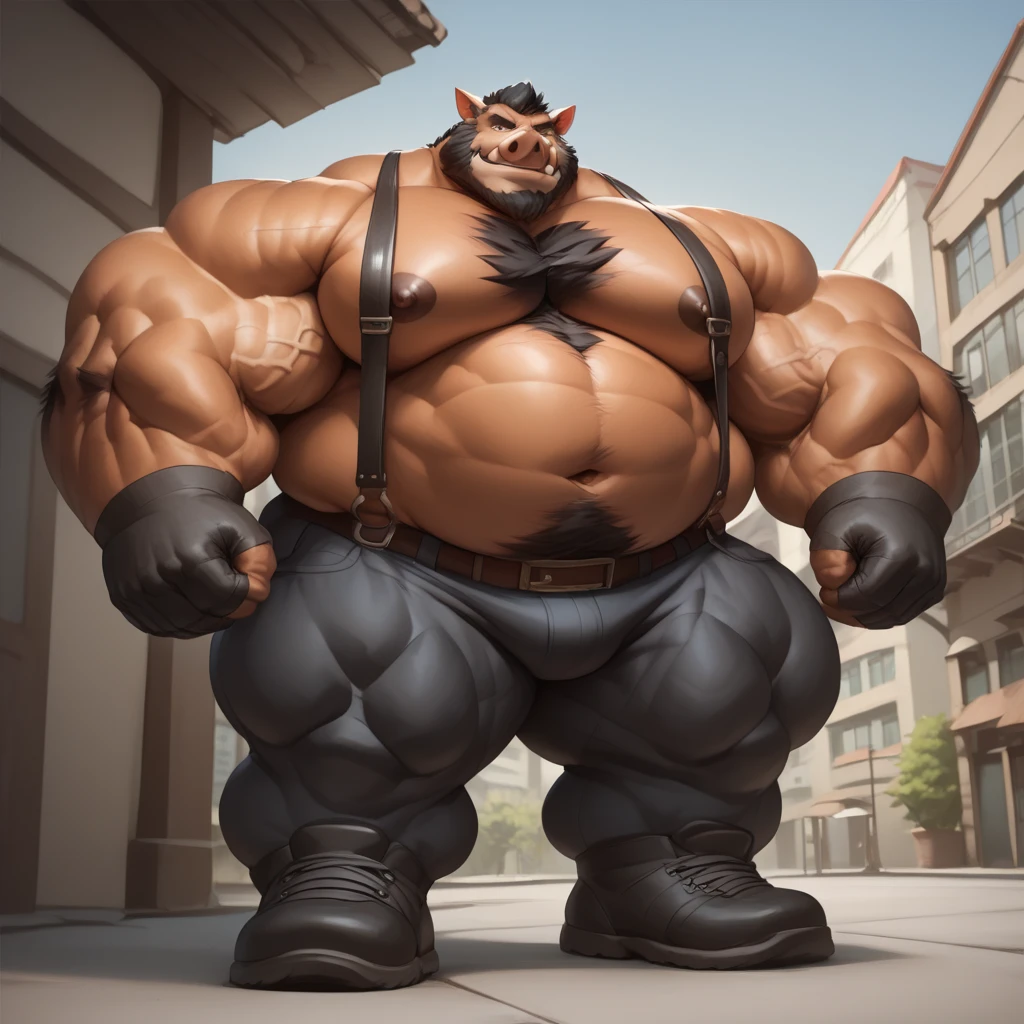 1boy, 1man, solo, a potrait (furry pig, pink skinned, pink furr), (face:1.3, detailed face, bearded, beard, thick mustache), chubby, fat belly, huge belly, Park, extremely huge muscular, massive muscular , (topless, shirtless, shorts), well-muscled old man. ((extremely muscle size, super thick arms, huge pec, hyper pec, bigger chest, extremely wide pectoral , huge arms)), wide smiling. Add textures and details to make the image more realistic, such as the appearance of the. Make sure the resulting image is high resolution, 8K quality