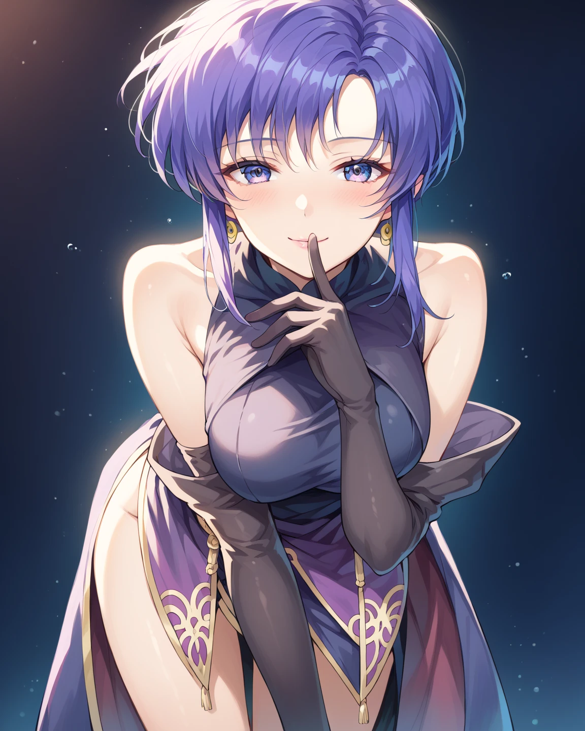 Purple eyes, purple hair, short hair, naked, smoll stature, flat tits