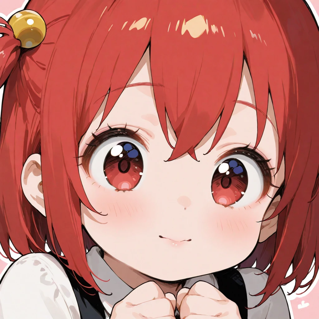 超A high resolution, Best aesthetic, Top quality depiction of the foot, Put on a jacket, red hairs, Flat Avatar, Anime visuals of cute girls, Cute art style, Chibi, Shorthair, Ahoge, is shy, A smile, hair adornments,drawing on paper, simple background, Peony hair ornament、耳环, jewely, side locks, large oval eyes,