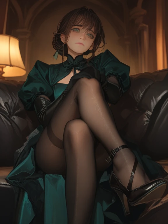 (best quality,4k,highres,masterpiece:1.2),ultra-detailed,physically-based rendering,professional,vivid colors,bokeh,horror,portrait,light and dark contrasts,dramatic lighting,bold shadows,crimson,velvet red,black lacy lingerie,exquisite embroidery,luxurious lace,bare shoulders,dramatic décolletage,long slender legs,tight pantyhose,smooth flowing tights,seductive curves,thin waist,sensual silhouette,big rounded bosom,tempting cleavage,rosey blush, intense gaze,piercing eyes,black smokey eyes,long curled lashes,darkened eyebrows,plump red lips,perfectly manicured nails,smooth flawless skin,luminous complexion,silhouette of a black wedding veil flowing behind her,ornate braided hair,white transparent satin scarf adorned with intricate lace,subtle ghostly ethereal presence,hauntingly beautiful and seductive,moody and mysterious atmosphere,dark haunted mansion,old Victorian era setting,vintage antique mirror reflecting her stunning image,dimly lit candle sconces casting flickering shadows,undulating candlelight,macabre but captivating allure