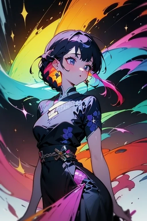 (medium full shot, looking at viewer:1.3), rainbow color combinations, masterpiece, 8k wallpaper, absurdres, best quality, dynamic angle, cinematic lighting, 1girl, (small breasts), cute, delicate, (black hair, pink streaks:1.3), (halter dress, sky blue dress:1.32), long hair, hair between eyes, sidelocks, crown braid, diadem, show shoulders, extremely reflective eyes, (extremely plain background, solid color background, yellow background:1.1)