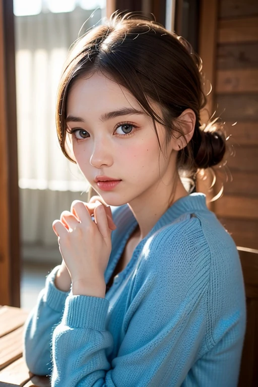 1girl, slim face, sharp blue eyes, brunette, hair in bun, thin:1.3,  body, wearing light knit sweater, high dark colored short skirt, hands on lap, looking at viewer, (eye level shot, cowboy shot),
BREAK
(best quality:1.3, masterpiece:1.3), (realistic, photo realistic:1.2), highres, UHD, 8k, (realistic skin, Detailed shiny skin), (normal expression, perfect anatomy),