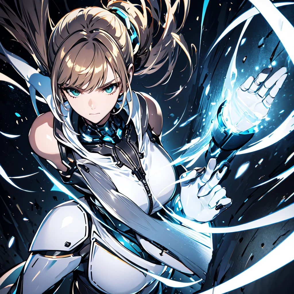 (masterpiece)、(absurdres)、(ultra detailed)、solo lady、dark blonde hair:1.2,(straight long hair)、BREAK、(shiny blue eyes:1.0)、BREAK、(athletic)、[flat chest]、(during:0.9)、(pierce:0.8)、(bracelet:0.7)、BREAK,(A large white flash of lightning on his neck)、A large amount of white and pink petals floating in the air、BREAK,cowboy shot,serious,