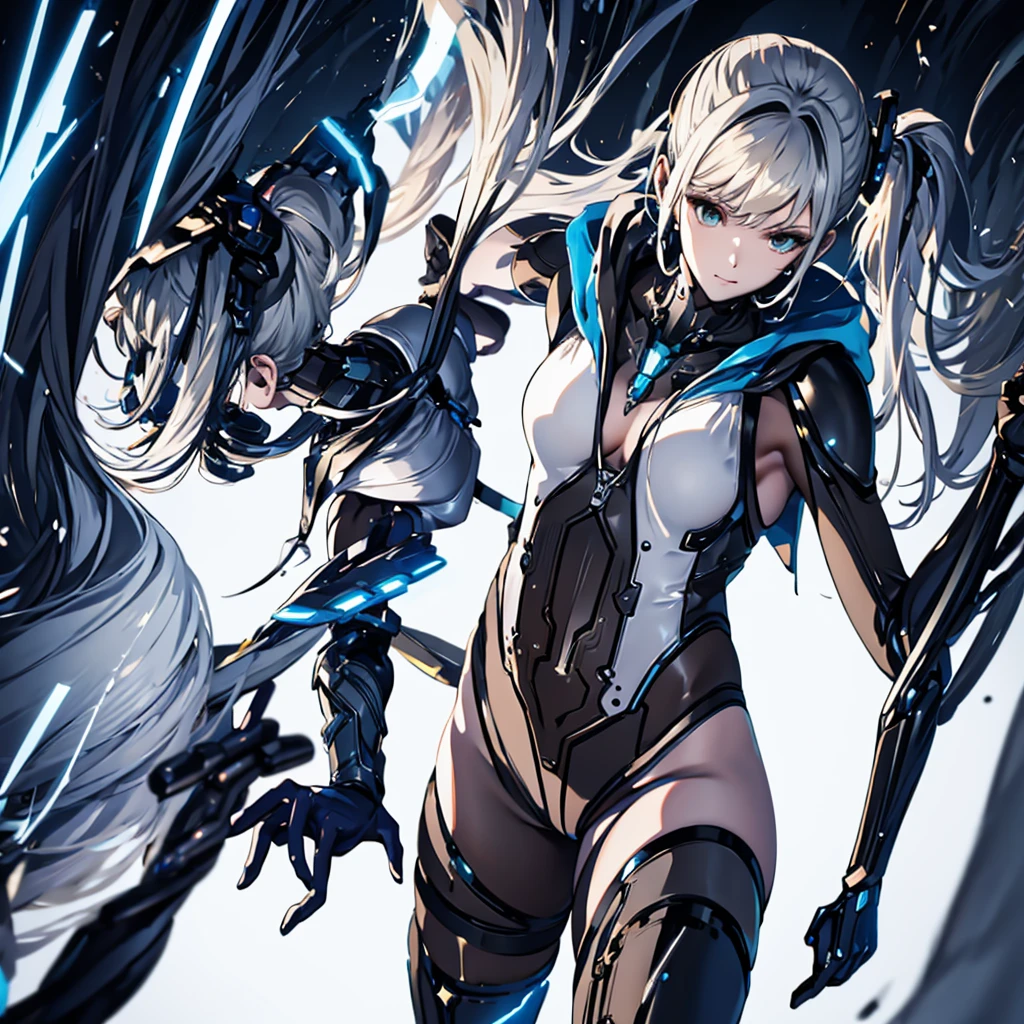 (Best quality, high definition, masterpiece:1.2), anime art style, white hair, purple eyes, shoulder length hair, bodysuit, full body, high quality face.