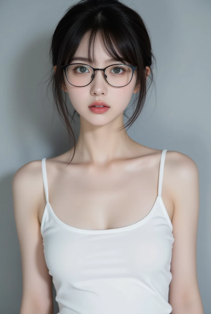 (Highest quality),Tabletop,8K,Ultra-high resolution,Best image quality,One beautiful woman、(White polyester sleeveless),(Blouse with buttoned collar:1.3),(Elegant black tight skirt:1.1),(Big Breasts:1.2),(Elegant round glasses:1.2),(優雅にstand:1.1),(Strongly blurred background:1.1),stand,lipstick,Long eyelashes,Heavy makeup,Perfect Makeup,Colored contact lenses,Accentuate your body lines,Big ample breasts,soft and warm lighting,(Ultra-high resolutionの正確な美しい髪:1.1),(Accurate anatomy:1.2),Ultra-high definition beautiful eyes,(Super bright and radiant skin:1.1),Staring at me with a blank look,underwear