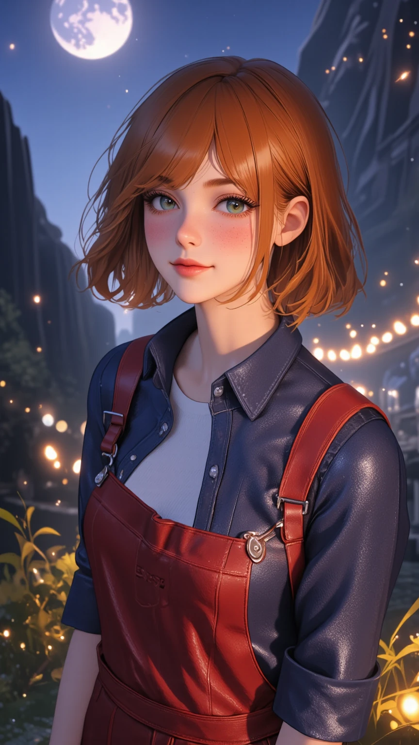 teenage girl, little smile, ginger hair, short hair, hair in the wind, disheveled hair,school uniform, at the park, close to the camera ,intricate, elegant, (glowing lights:1.1), night,highly detailed, digital painting, artstation, concept art, (epic realistic:1.1), smooth, sharp focus, illustration, greg rutkowski