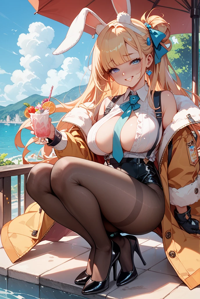 Best Quality, High resolution, distinct image, 8K,masuter piece、artoria、Beautiful and big breasts、The bikini、overknee socks、sneakers、Squat and open your legs wide、m-legs,ssmile、Cam Drink、Downtown at night、